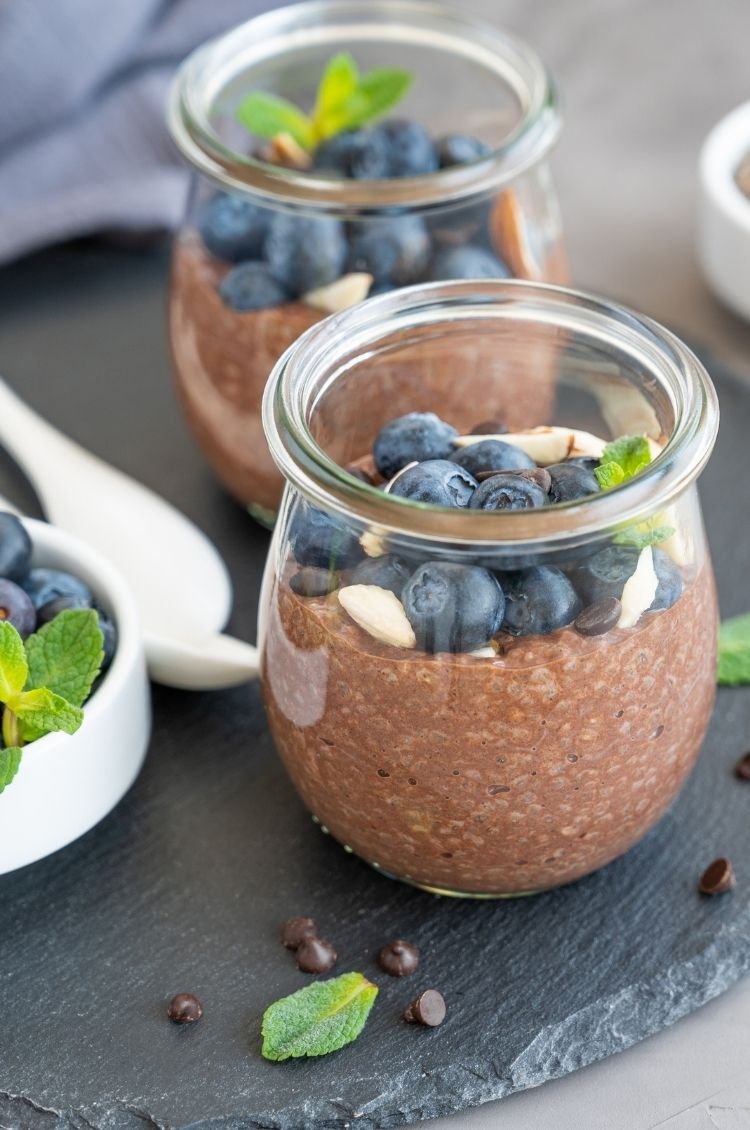 Creamy protein chocolate chia pudding made with yogurt, cocoa, and chia seeds