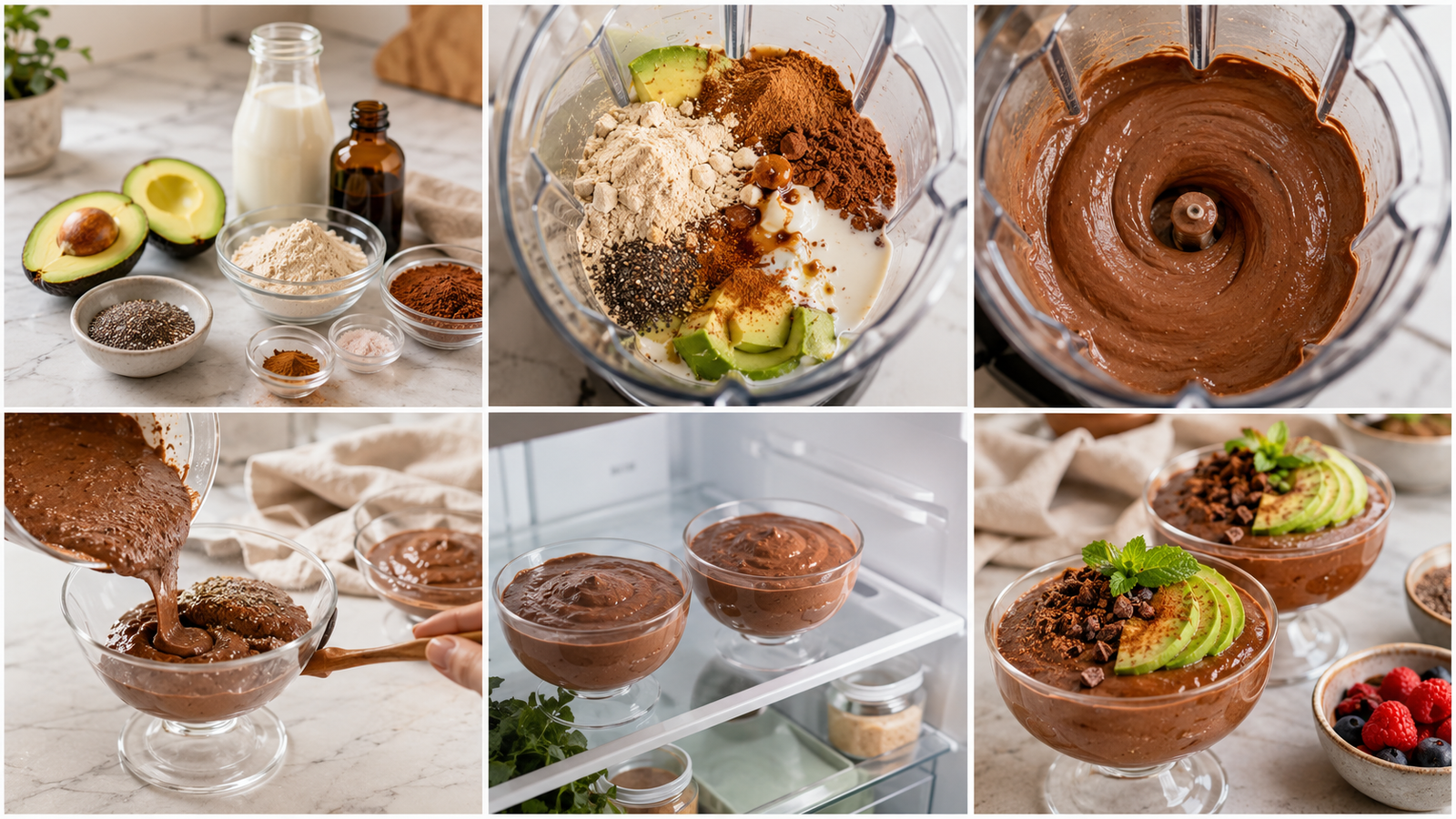 Składniki na proteinowy mus z awokado – awokado, kakao i whey protein.